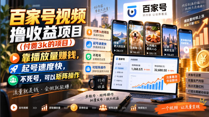 百家号视频撸收益项目(付费3k的项目),靠播放量賺钱,起号速度快,不死号,可以矩阵操作-迦哆网创社