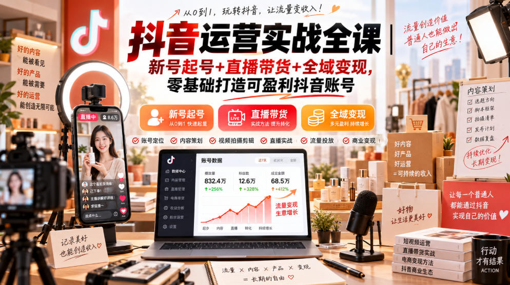 抖音运营实战全课|新号起号+直播带货+全域变现,零基础打造可盈利抖音账号-迦哆网创社