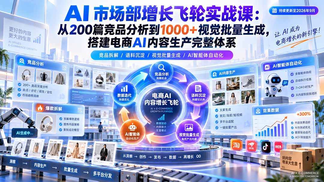 AI 市场部增长飞轮实战课:从200篇竞品分析到1000+视觉批量生成,搭建电商AI内容生产完整体系-迦哆网创社
