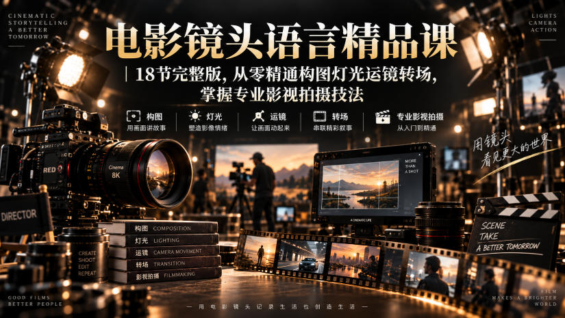 电影镜头语言精品课|18节完整版,从零精通构图灯光运镜转场,掌握专业影视拍摄技法-迦哆网创社