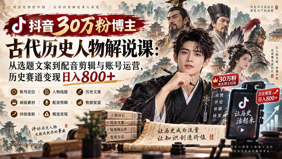 抖音30万粉博主古代历史人物解说课：从选题文案到配音剪辑与账号运营，历史赛道变现日入800+-迦哆网创社