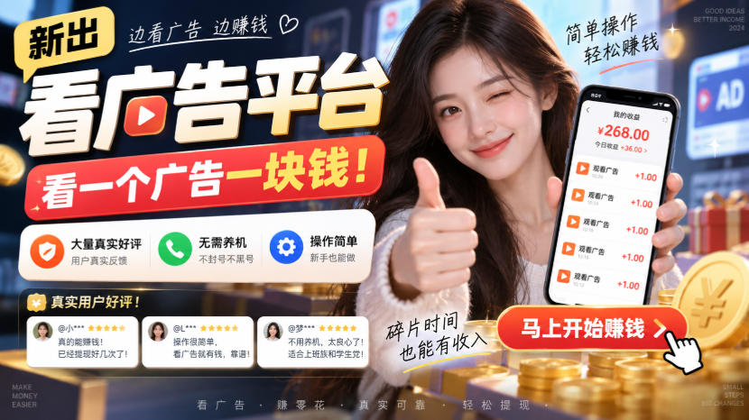 新出看广告平台，看一个广告一块钱，大量真实好评！无需养机、不会黑号，操作简单【揭秘】-迦哆网创社