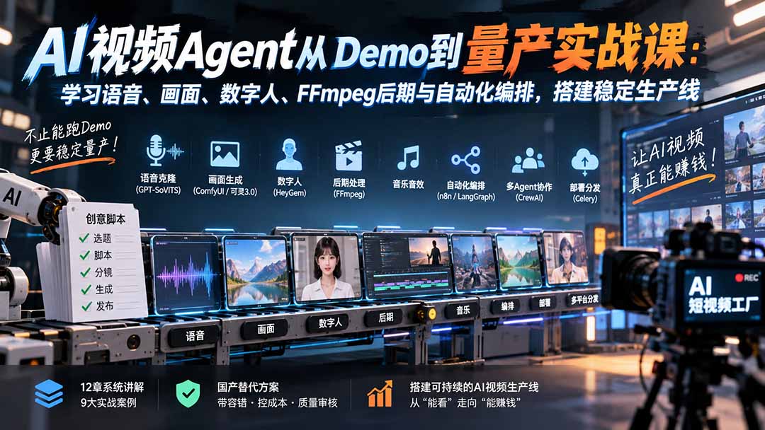 AI视频Agent从Demo到量产实战课:学习语音、画面、数字人、FFmpeg后期与自动化编排,搭建稳定生产线-迦哆网创社