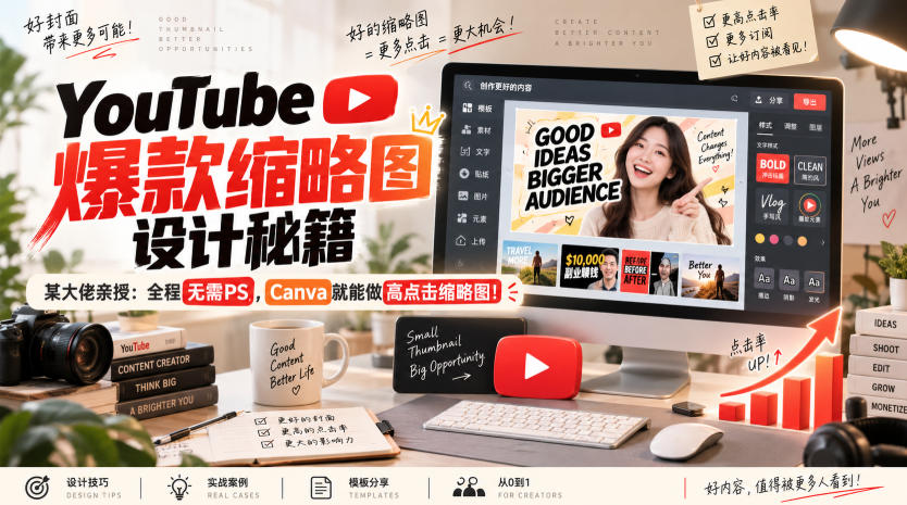 YouTube爆款缩略图设计秘籍,某油管大佬(610万订阅者)亲授,全程无需PS,Canva就能做高点击缩略图!【原创双语字幕】-迦哆网创社
