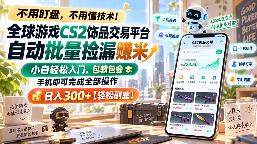 全球游戏CS2饰品交易平台自动批量捡漏赚米,小白轻松入门,包教包会,手机即可完成全部操作,日入300+【轻松副业】-迦哆网创社
