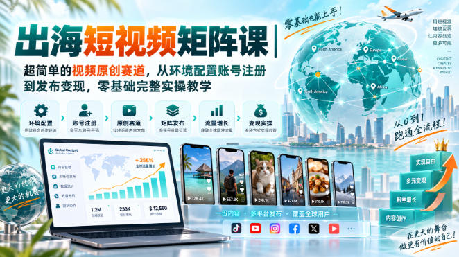 出海短视频矩阵课｜超简单的视频原创赛道，从环境配置账号注册到发布变现，零基础完整实操教学-迦哆网创社