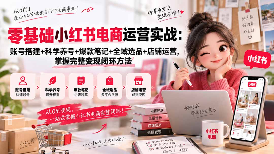 零基础小红书电商运营实战：账号搭建+科学养号+爆款笔记+全域选品+店铺运营，掌握完整变现闭环方法-迦哆网创社