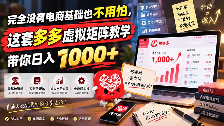 完全没有电商基础也不用怕,这套多多虚拟矩阵教学带你日入 1000+-迦哆网创社