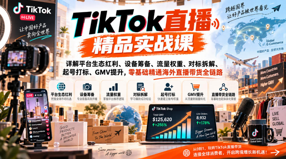 TikTok直播精品实战课,详解平台生态红利、设备筹备、流量权重、对标拆解、起号打标、GMV提升,零基础精通海外直播带货全链路-迦哆网创社
