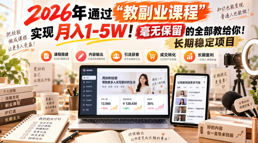 2026年通过“教副业课程”实现月入1-5W！毫无保留的全部教给你！长期稳定项目-迦哆网创社