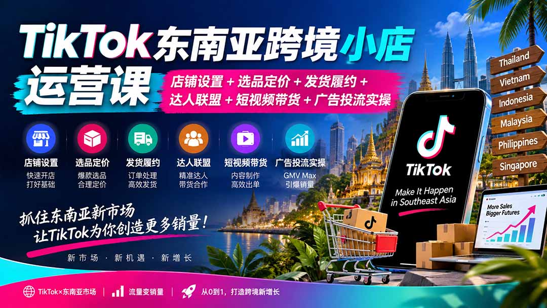 TikTok东南亚跨境小店运营课：店铺设置+选品定价+发货履约+达人联盟+短视频带货+广告投流实操-迦哆网创社