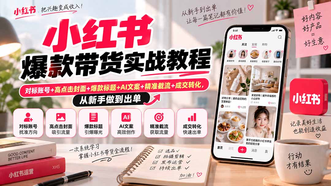 小红书爆款带货实战教程｜对标账号+高点击封面+爆款标题+AI文案+精准截流+成交转化，从新手做到出单-迦哆网创社