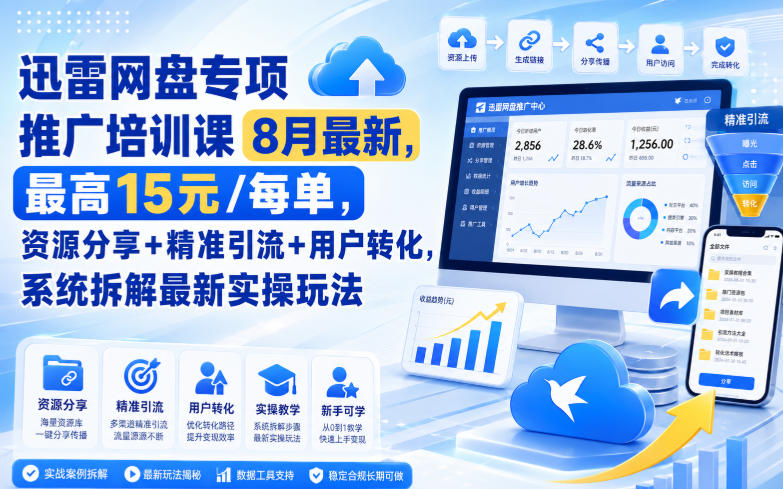 迅雷网盘专项推广培训课9月最新,最高15米/每单,资源分享+精准引流+用户转化,系统拆解最新实操玩法(更新0915)