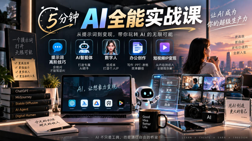 5分钟AI全能实战课｜提示词高阶技巧+AI智能体+数字人+办公创作+短视频IP变现全教程-迦哆网创社
