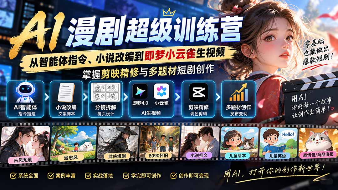 AI漫剧超级特训营：从智能体指令、小说改编到即梦小云雀生视频，掌握剪映精修与多题材短剧创作-迦哆网创社