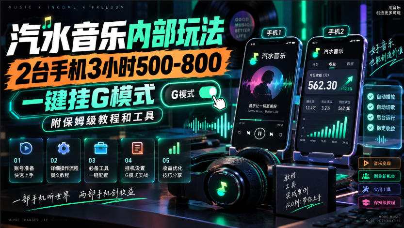 汽水音乐内部玩法，2台手机3小时500-800，一键挂G模式，附保姆级教程和工具【揭秘】-迦哆网创社