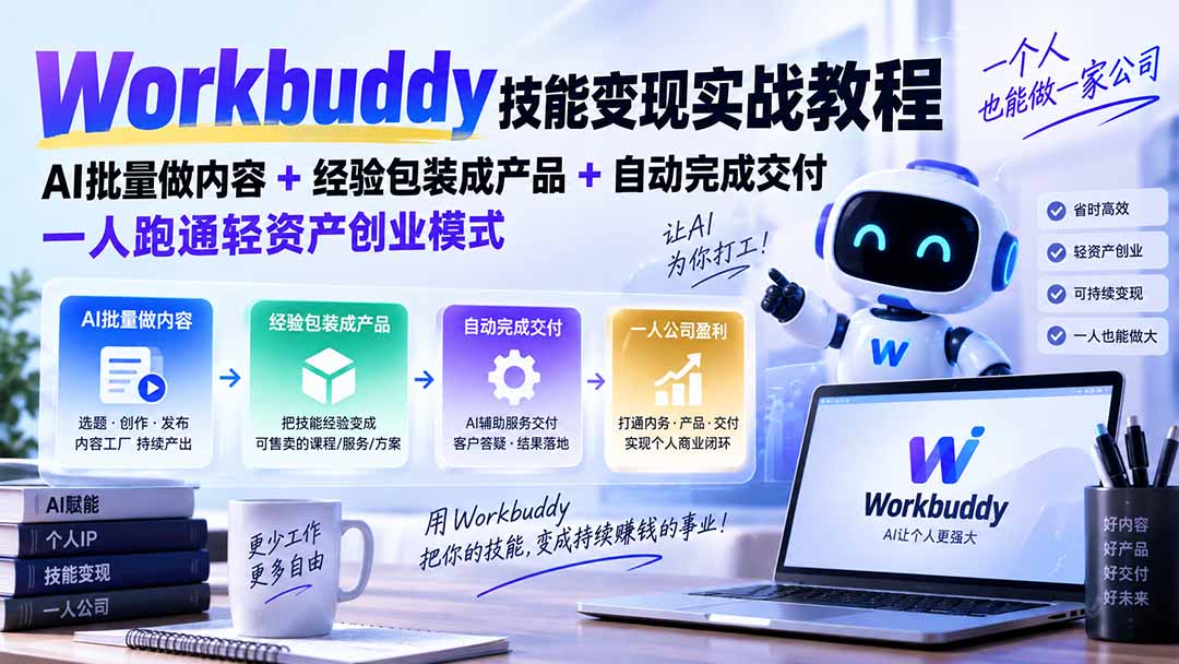 Workbuddy技能变现实战教程：AI批量做内容+经验包装成产品+自动完成交付，一人跑通轻资产创业模式-迦哆网创社