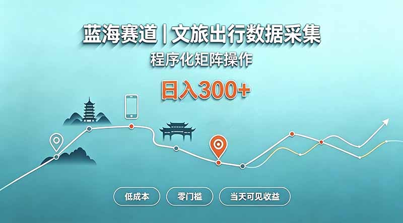 蓝海赛道  文旅出行数据采集  程序化矩阵操作    低成本  零门槛   当天可见收益   日入300+-迦哆网创社