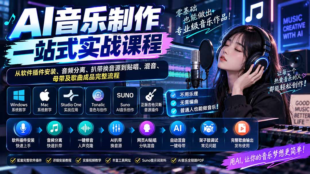 AI音乐制作一站式实战课程：从软件插件安装、音频分离、扒带换音源到贴唱、混音、母带及歌曲成品完整流程-迦哆网创社