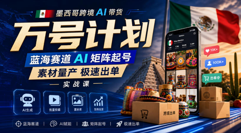 墨西哥跨境AI带货万号计划，蓝海赛道AI矩阵起号，素材量产极速出单实战课-迦哆网创社