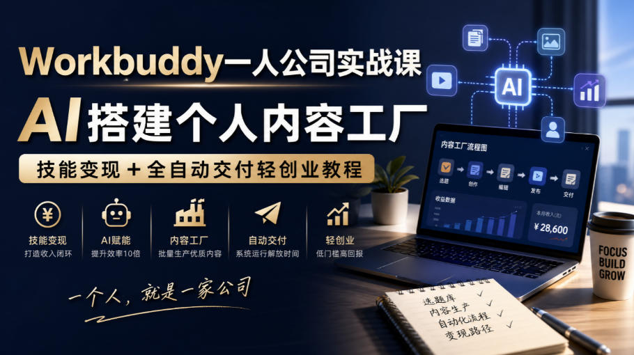 Workbuddy一人公司实战课，AI搭建个人内容工厂，技能变现+全自动交付轻创业教程​-迦哆网创社