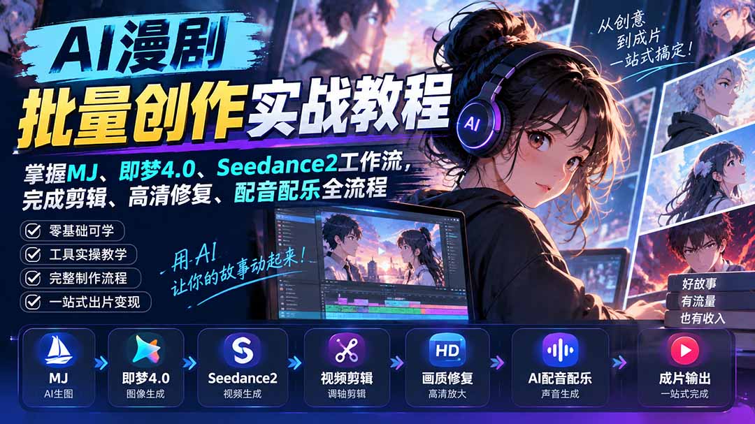 AI漫剧批量创作实战教程：掌握MJ、即梦4.0、Seedance2工作流，完成剪辑、高清修复、配音配乐全流程-迦哆网创社