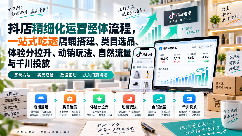 李哥电商-抖店精细化运营整体流程，一站式吃透店铺搭建、类目选品、体验分拉升、动销玩法、自然流量与千川投放-迦哆网创社