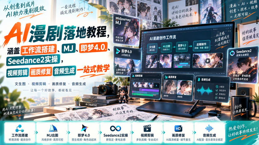 AI漫剧落地教程，涵盖工作流搭建、MJ、即梦4.0、Seedance2实操，视频剪辑画质修复音频生成一站式教学-迦哆网创社