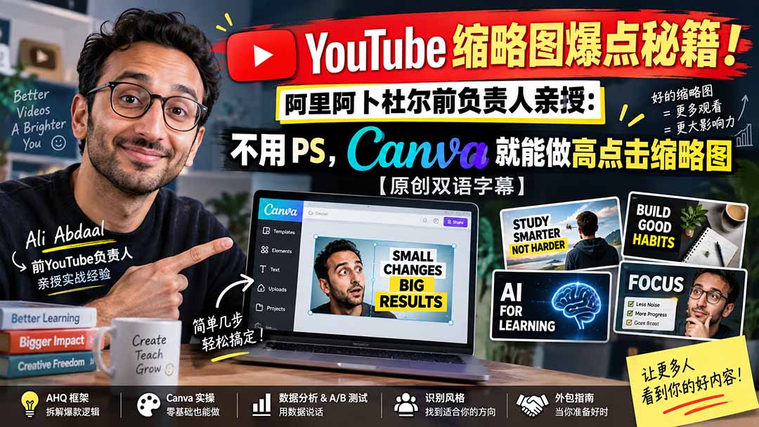 YouTube 缩略图爆点秘籍！阿里阿卜杜尔前负责人亲授：不用 PS，Canva 就能做高点击缩略图【原创双语字幕】-迦哆网创社