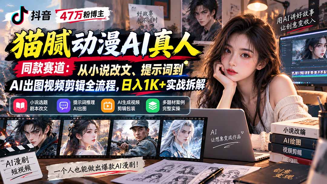 抖音47万粉博主猫腻动漫AI真人同款赛道：从小说改文、提示词到AI出图视频剪辑全流程，日入1K+实战拆解-迦哆网创社