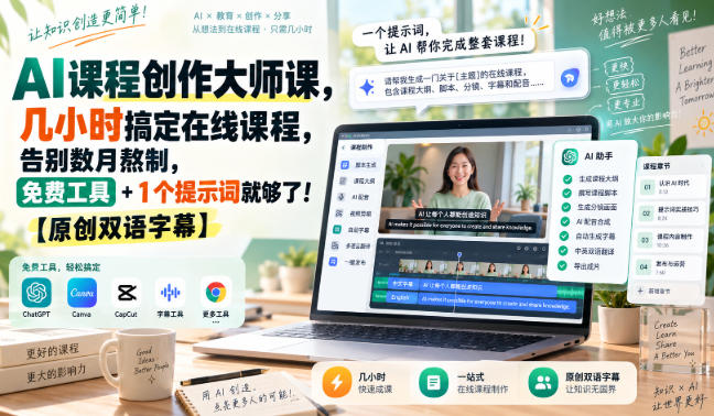 AI课程创作大师课，几小时搞定在线课程，告别数月熬制，免费工具+1个提示词就够了！【原创双语字幕】-迦哆网创社