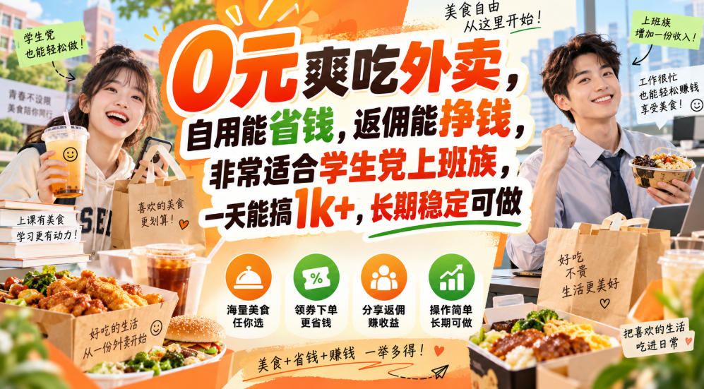 0元爽吃外卖，自用能省钱，返佣能挣钱，非常适合学生党上班族，一天能搞1k+，长期稳定可做-迦哆网创社