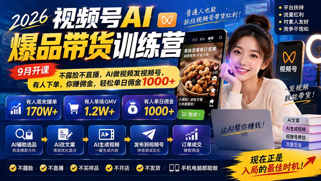 图片[1]-2026视频号AI爆品带货训练营-9月开课｜不露脸不直播，AI做视频发视频号，有人下单，你赚佣金，轻松单日佣金1000+-迦哆网创社