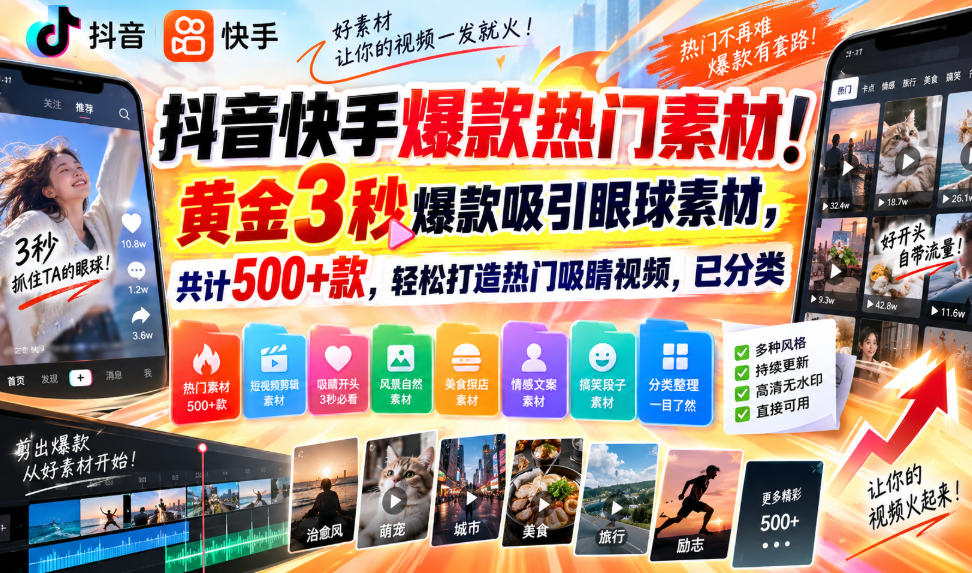 抖音快手爆款热门素材!黄金3秒爆款吸引眼球素材,共计500+款,轻松打造热门吸睛视频,已分类-迦哆网创社