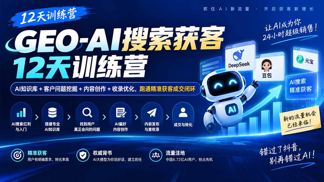 GEO-AI搜索获客12天训练营|AI知识库+客户问题挖掘+内容创作+收录优化,跑通精准获客成交闭环-迦哆网创社