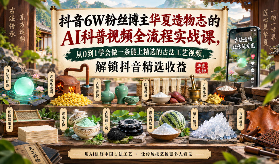 抖音6W粉丝博主华夏造物志的AI科普视频全流程实战课,从0到1学会做一条能上精选的古法工艺视频,解锁抖音精选收益-迦哆网创社