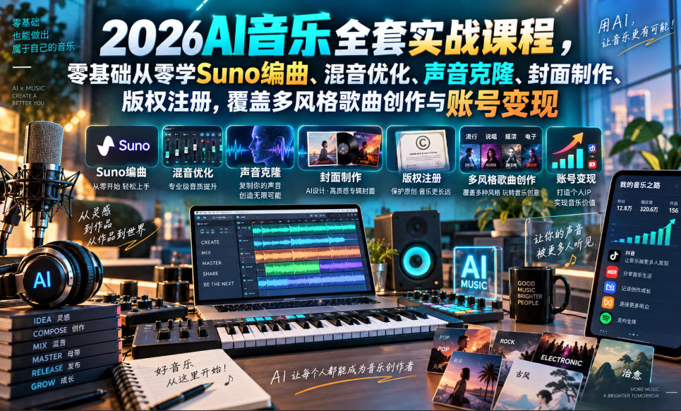 2026AI音乐实战课程,零基础从零学Suno编曲、混音优化、声音克隆、版权注册,覆盖多风格歌曲创作与账号变现-迦哆网创社