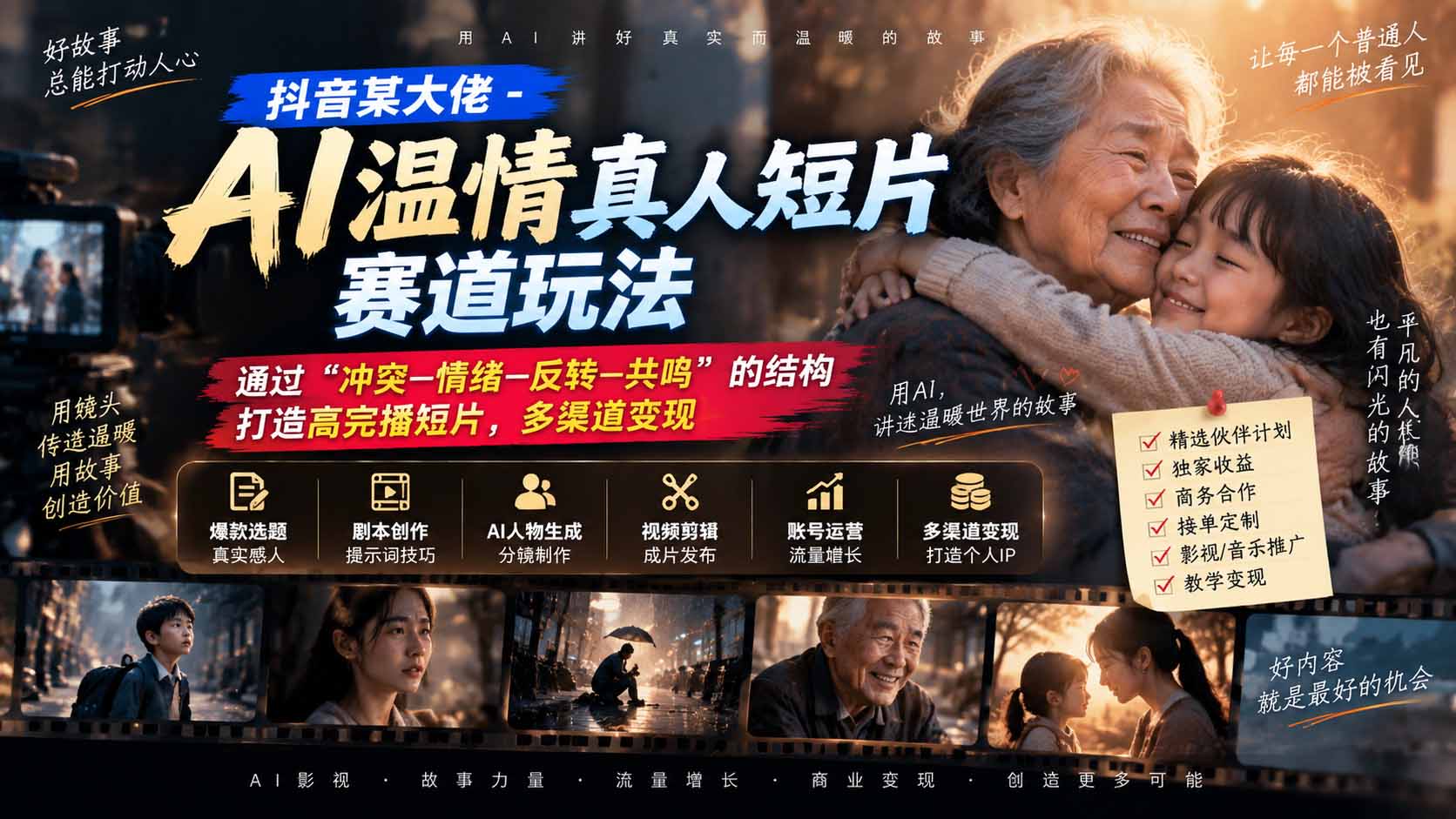 抖音某大佬-AI温情真人短片赛道玩法:通过“冲突—情绪—反转—共鸣”的结构打造高完播短片,多渠道变现-迦哆网创社