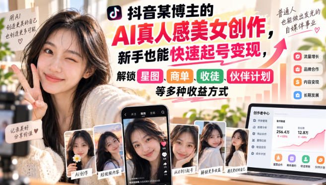 抖音某博主的AI真人感美女创作,新手也能快速起号变现,解锁星图,商单,收徒,伙伴计划等多种收益方式-迦哆网创社