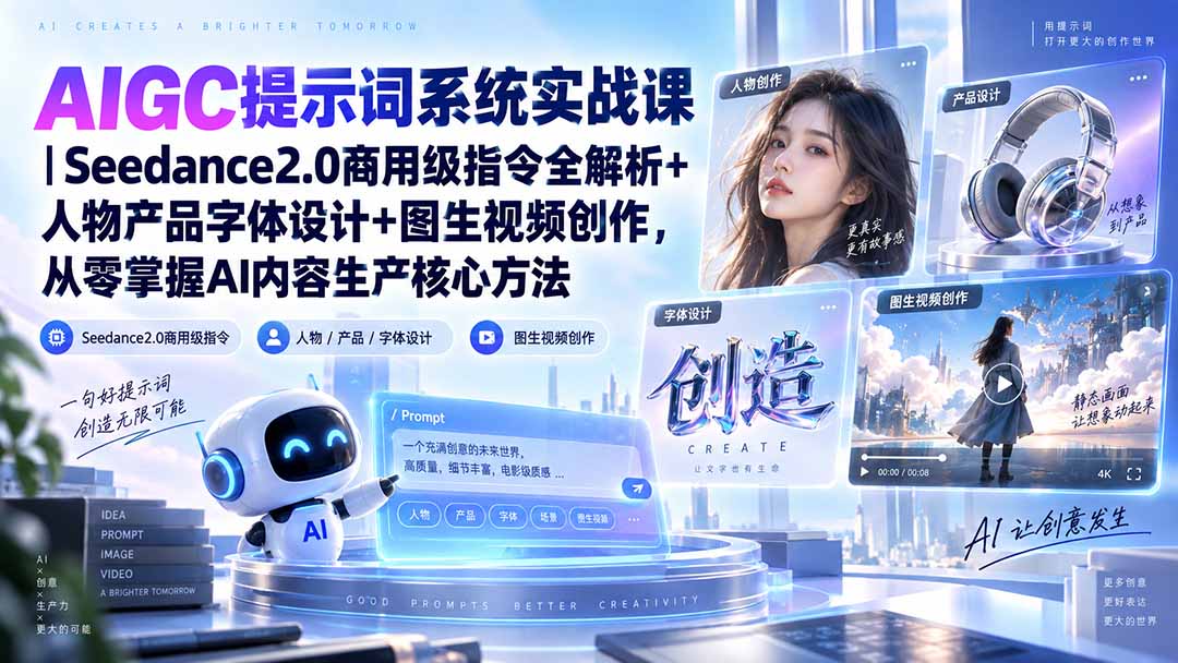 AIGC提示词系统实战课-无水印|Seedance2.0商用级指令全解析+人物产品字体设计+图生视频创作,掌握AI内容生产方法-迦哆网创社