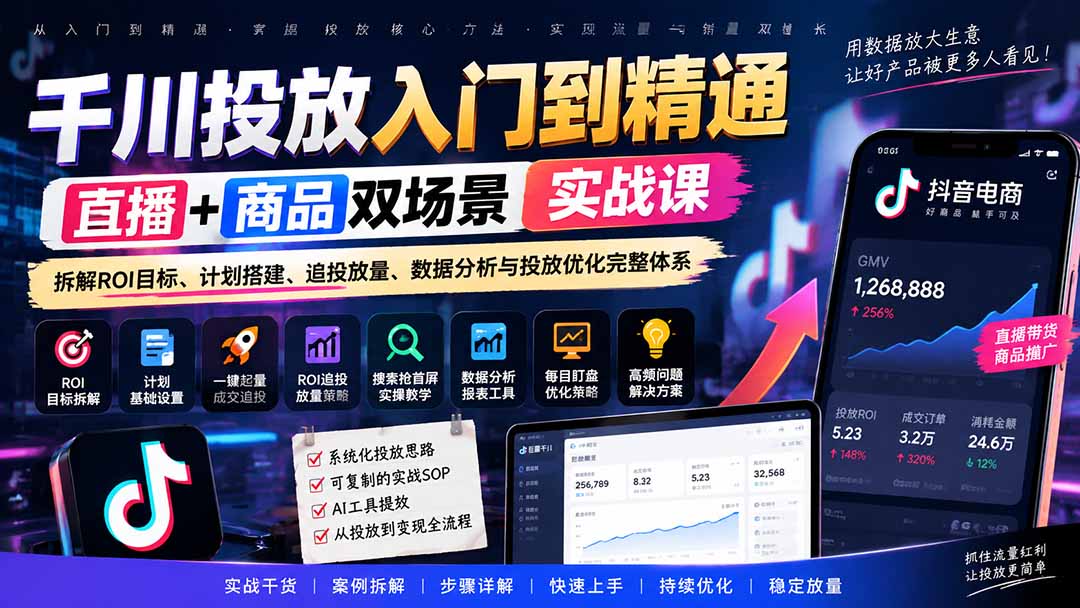 千川投放入门到精通实战课|直播+商品双场景拆解ROI目标、计划搭建、追投放量、数据分析与投放优化完整体系-迦哆网创社