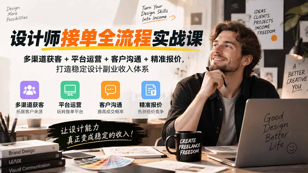 设计师接单全流程实战课-无水印|多渠道获客+平台运营+客户沟通+精准报价,打造稳定设计副业收入体系-迦哆网创社