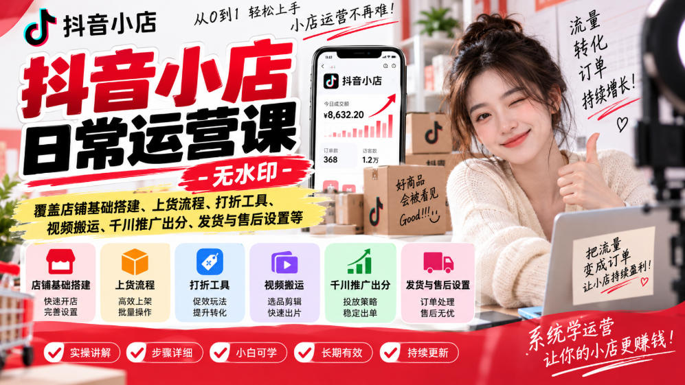 抖音小店日常运营课-无水印,覆盖店铺基础搭建、上货流程、打折工具、视频搬运、千川推广出分、发货与售后设置等-迦哆网创社