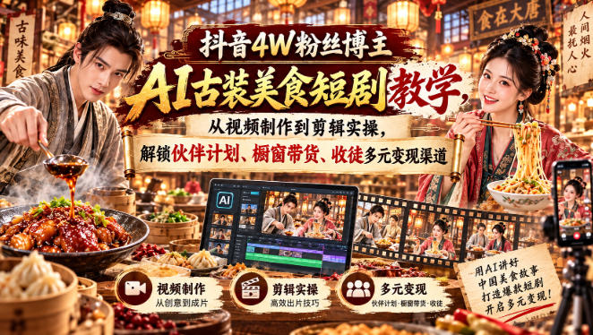 抖音4W粉丝博主AI古装美食短剧教学,从视频制作到剪辑实操,解锁伙伴计划、橱窗带货、收徒多元变现渠道-迦哆网创社
