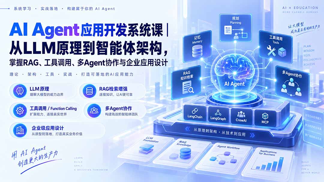 AI Agent应用开发系统课-179节|从LLM原理到智能体架构,掌握RAG、工具调用、多Agent协作与企业应用设计-迦哆网创社