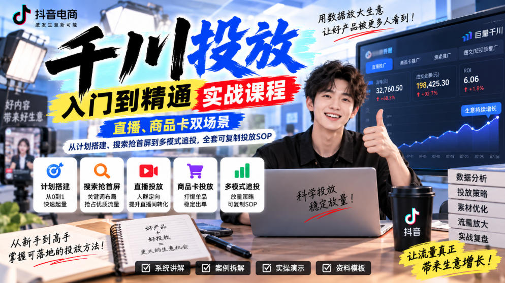 千川投放入门到精通实战课程,直播、商品卡双场景,从计划搭建、搜索抢首屏到多模式追投,全套可复制投放SOP-迦哆网创社