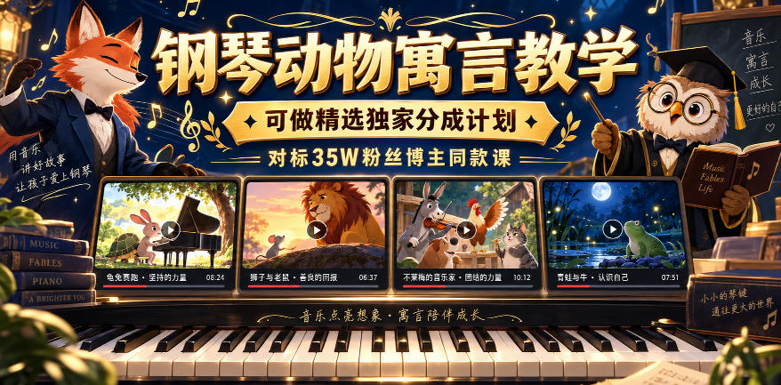 钢琴动物寓言教学,可做精选独家分成计划,对标35W粉丝博主同款课-迦哆网创社