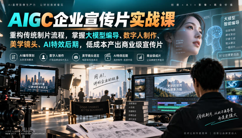AIGC企业宣传片实战课,重构传统制片流程,掌握大模型编导、数字人制作、美学镜头、AI特效后期,低成本产出商业级宣传片-迦哆网创社