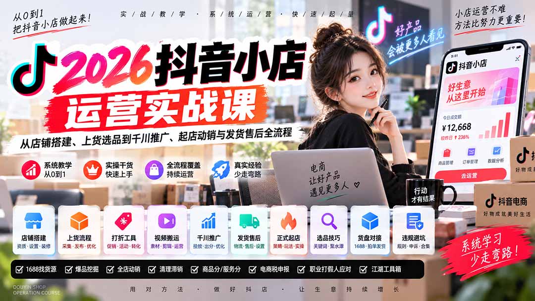 2026抖音小店运营实战课|从店铺搭建、上货选品到千川推广、起店动销与发货售后全流程-迦哆网创社