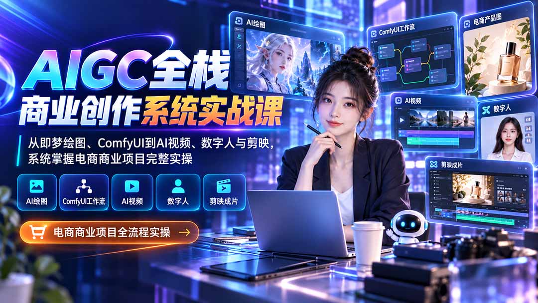AIGC全栈商业创作系统实战课-无水印:从即梦绘图、ComfyUI到AI视频、数字人与剪映,系统掌握电商商业项目完整实操-迦哆网创社